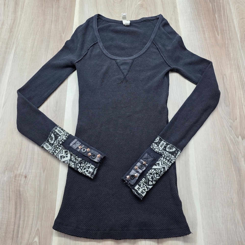 Free People We The‎ Free Thermal Top Studded Cuff Boho Waffle Knit Small Black S